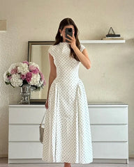 French Vintage Polka Dot Stand Collar Waist-Cinching Flare Maxi Dress | Elegant Commuter Slimming A-Line Dress