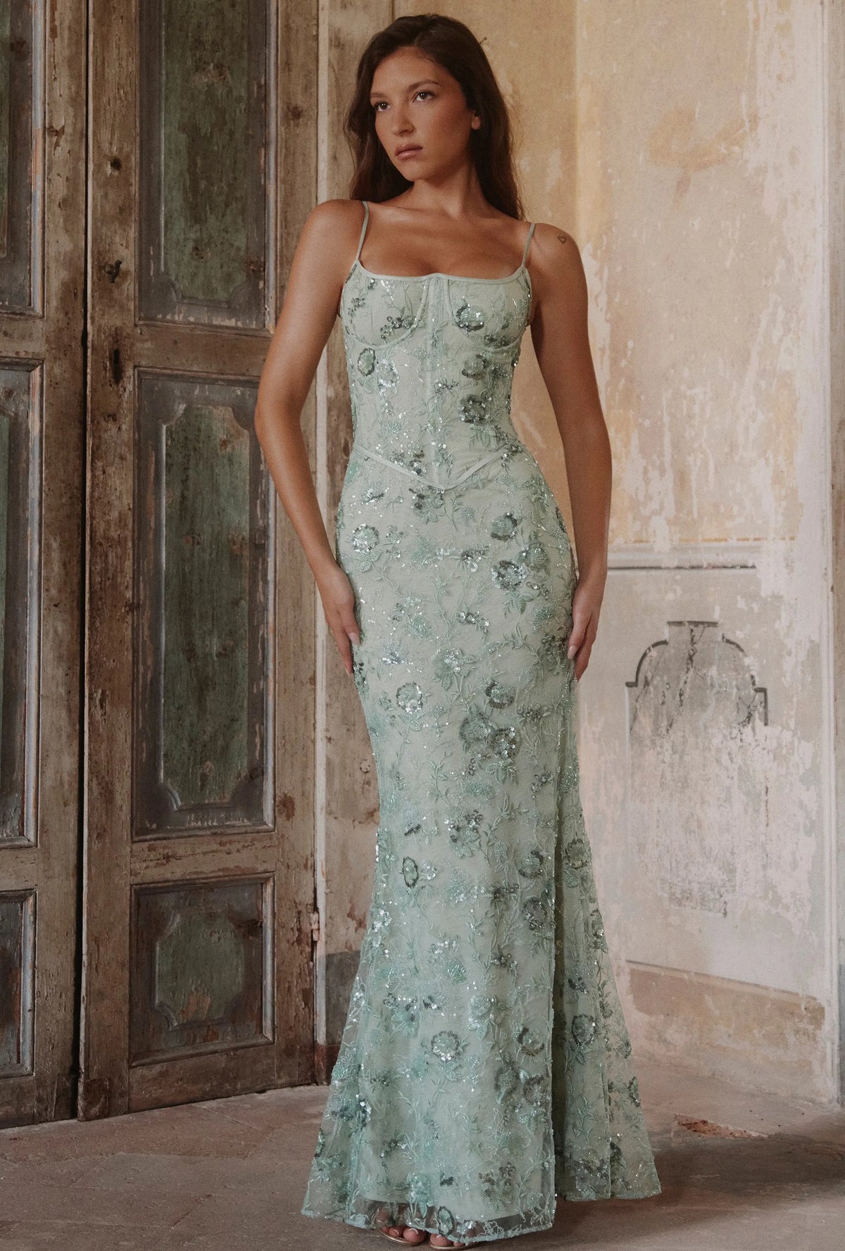Mint Green Sequin Floral Embroidery Corset Lace-Up Back Mermaid Maxi Evening Dress