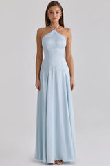 Light Blue Satin Halter Tie-Waist Flared Maxi Gown