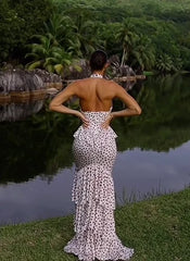 Polka Dot Halter Cutout Ruffle Hem Mermaid Trailing Maxi Dress