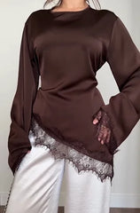 Satin Lace Trim Tie-Waist Flare Sleeve Top Collection
