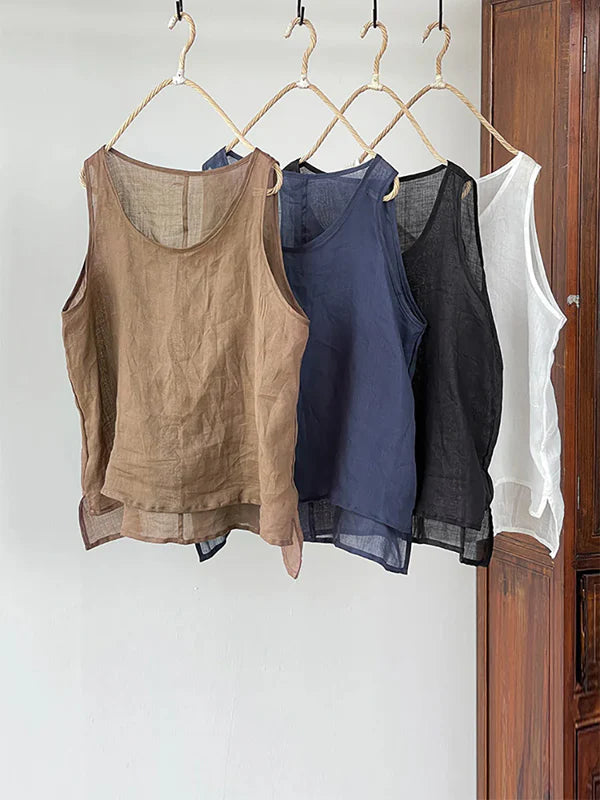 Round Neck Sleeveless Solid Color Cotton And Linen Top