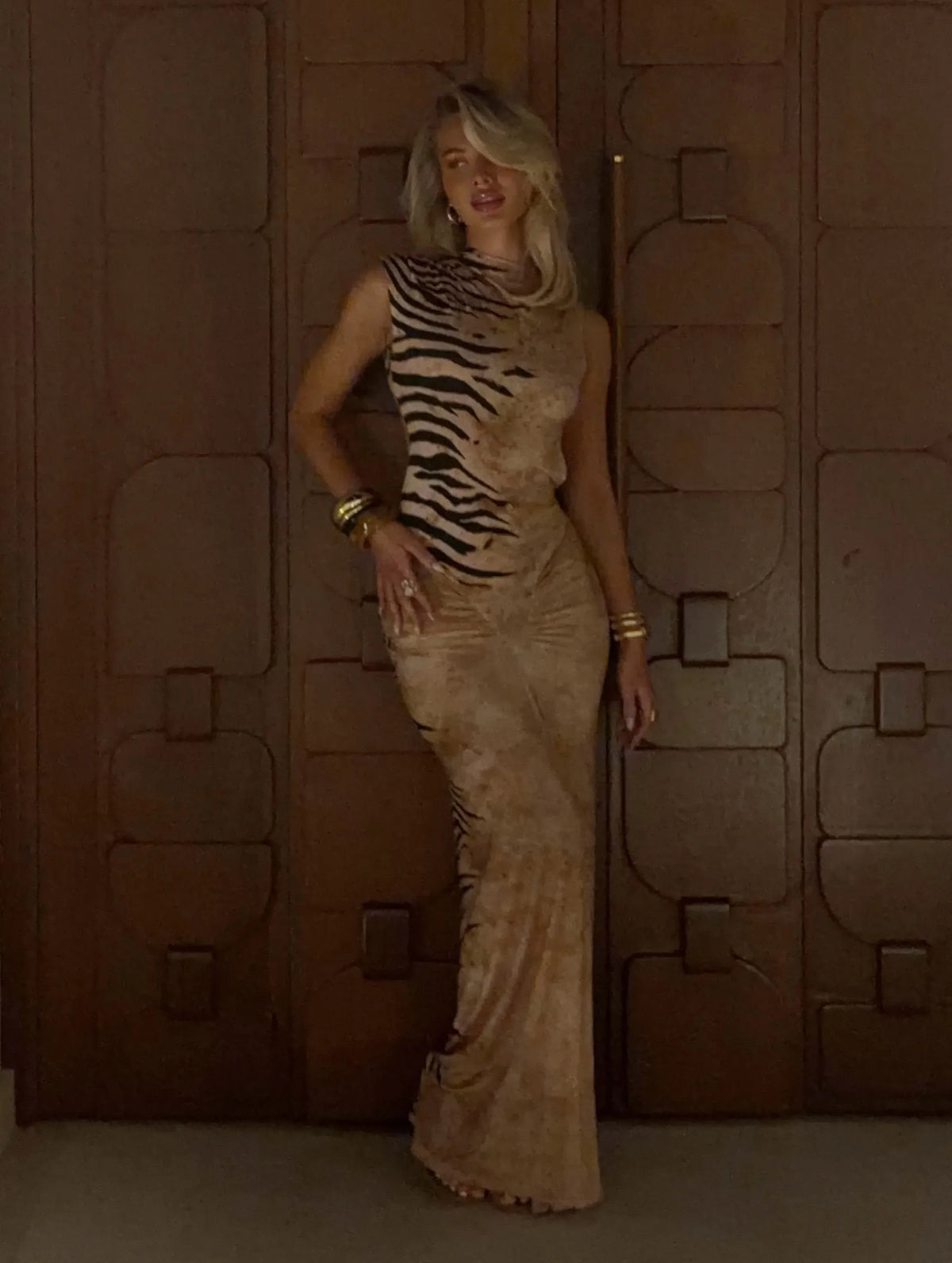 Asymmetric Turtleneck Zebra Print Open-Back Bodycon Maxi Dress