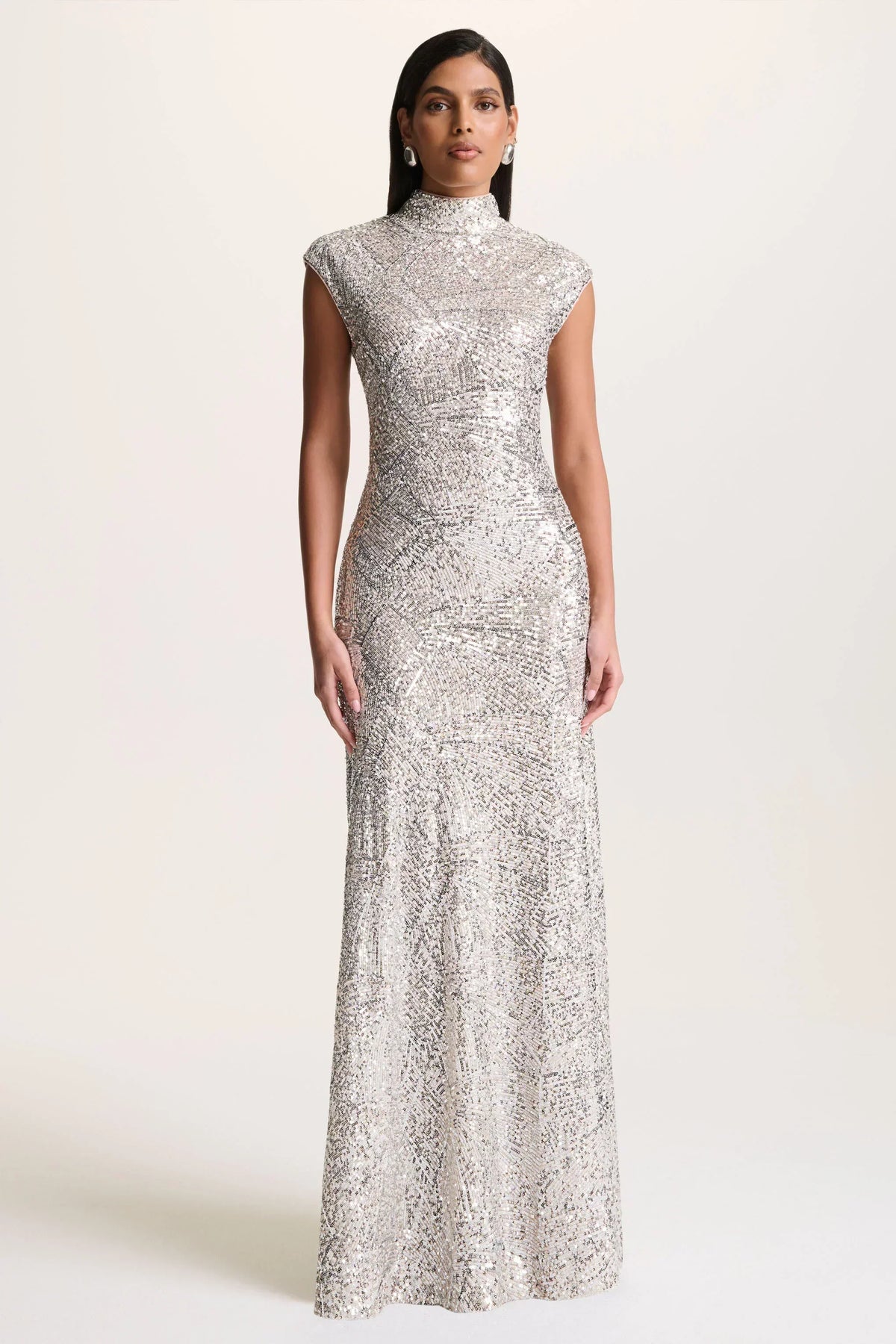 Cecy | Silver Sequin High-Neck Maxi Dress With Cap Sleeves