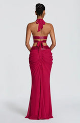 Women's Backless Cutout Short Top and Pleated Mermaid Long Skirt Two-Piece Chiffon Set