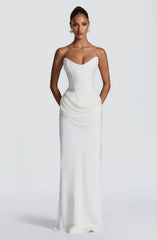White Beaded Strapless Corset Lace-Up Ruched Maxi Dress | Luxury Elegant Wedding Evening Gown