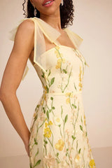 Thriving Poise Yellow 3D Floral Embroidered Tie-Strap Maxi Dress