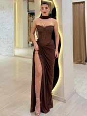 Chocolate Lace Corset Halter Gown | High Slit Trailing Evening Dress