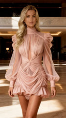 Women's Dusty Pink Pleated Mesh Twisted Waist Puff Sleeve Mini Dress