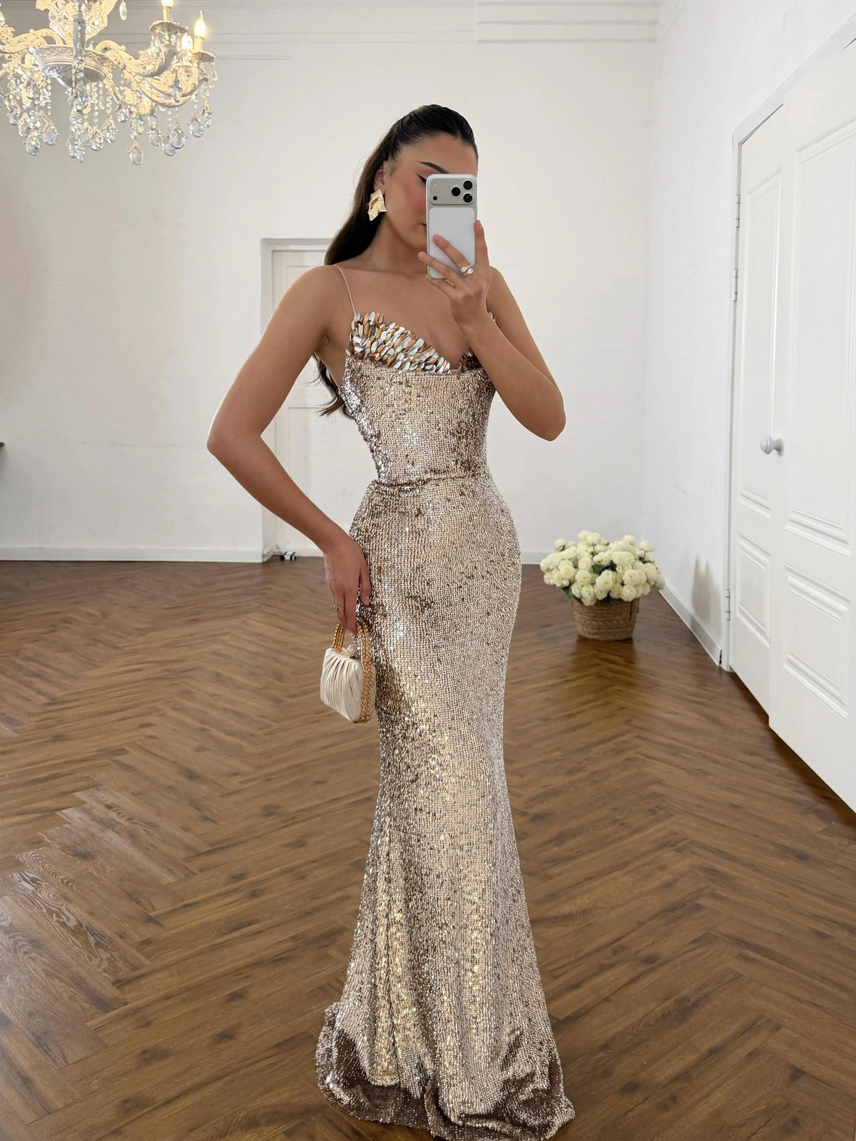 Shell-Embellished Sequin Mermaid Gown