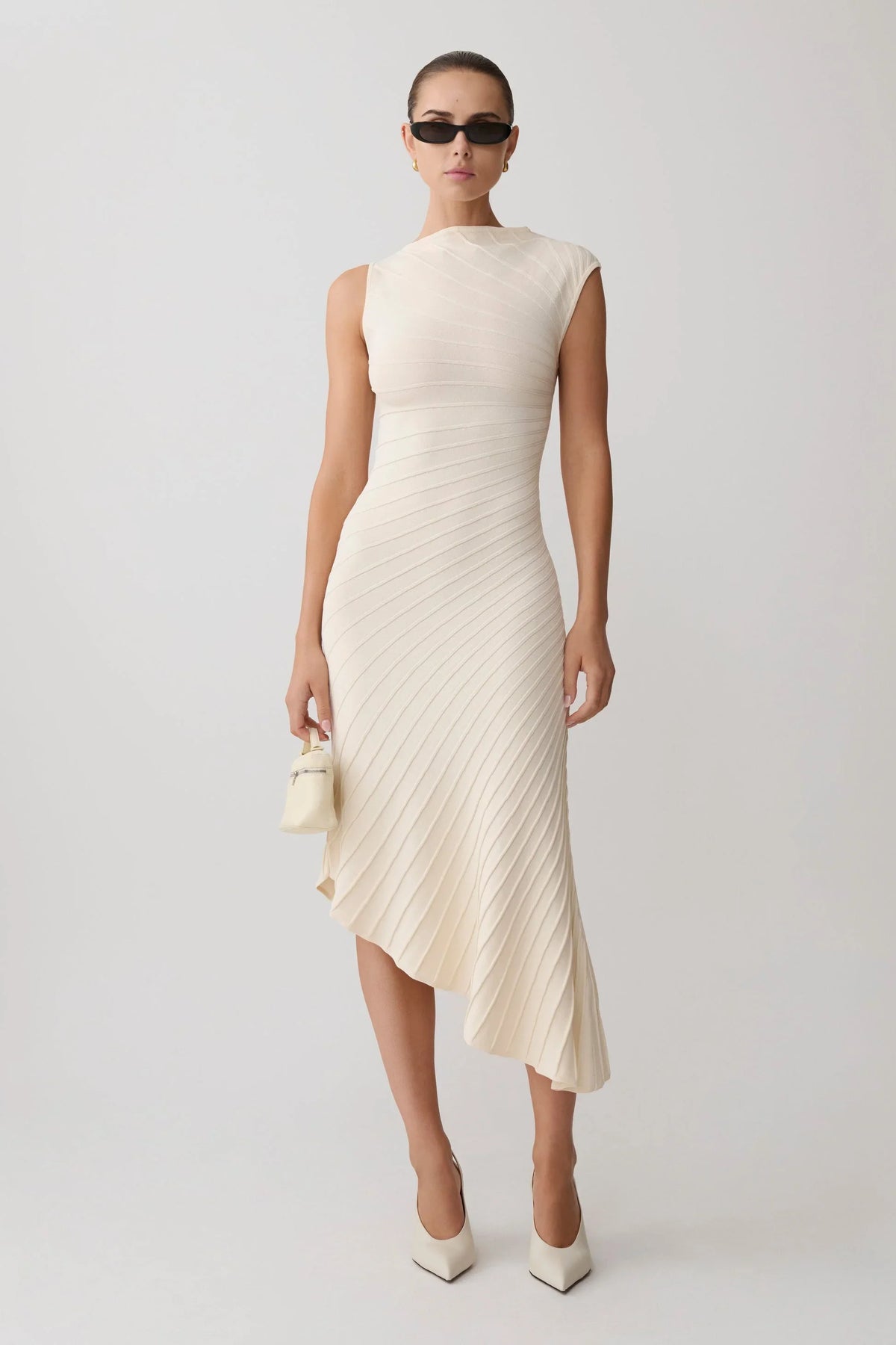 Cream Diagonal Rib Knit Asymmetric Sleeveless Midi Dress
