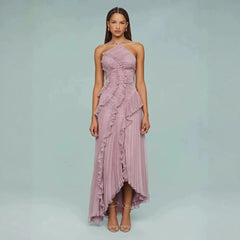 Chiffon Dress Women's Ruffled Pleated Design Slimming Midi Dress