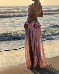 Pink Floral | Sunset Seaside Halter Neck Tassel Dress