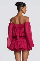 Women Off Shoulder Sheer Puff Sleeve Keyhole Front Back Tie Metallic Waist Chiffon Mini Romper
