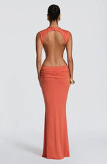 Coral Orange High Neck Sleeveless Waist Cutout Backless Ruched Mermaid Maxi Dress