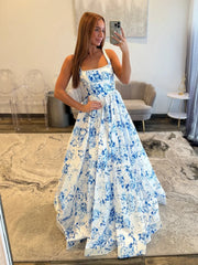 Hand Beading Square Backless Ball Gown Prom Dress - Baby Blue Floral