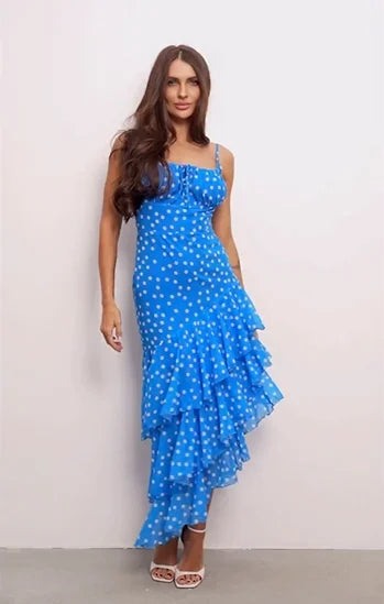 French Vintage Polka Dot Cami Waist-Cinching Asymmetric Ruffle Mermaid Maxi Dress
