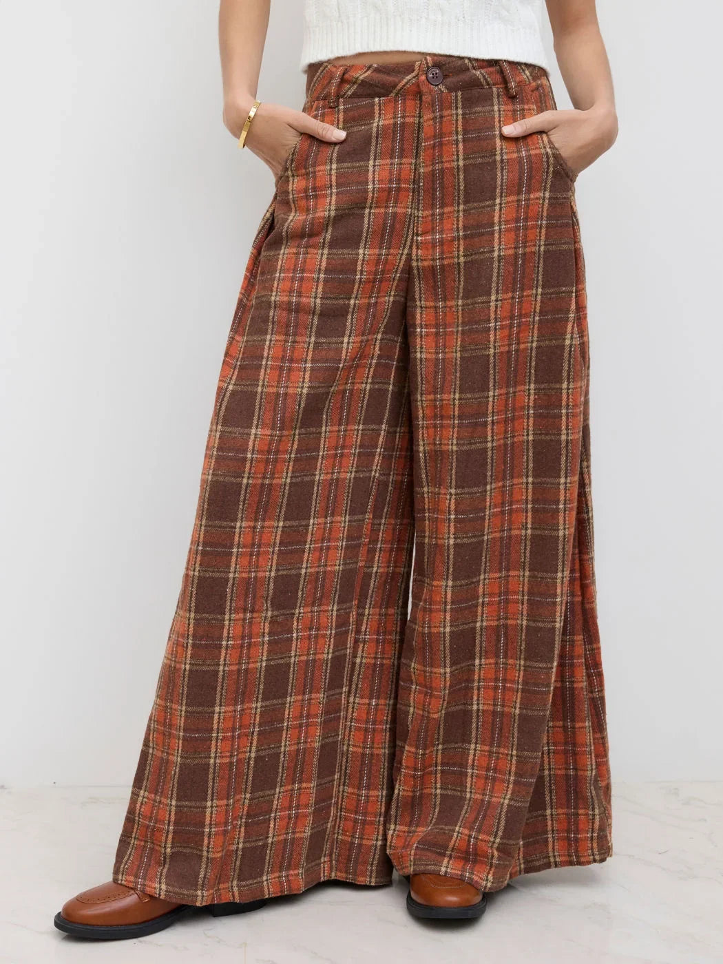 Flannel Check Button Wide Leg Trousers