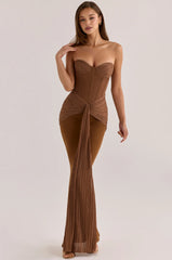 Caramel Brown Strapless Corset Twist Sash Mermaid Maxi Evening Dress
