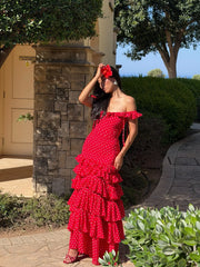 Women Off Shoulder Ruffle Ruched High Slit Tiered Ruffle Polka Dot Chiffon Maxi Dress