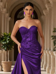 3D Rose Boned Mermaid Prom Dress With Waist Drop - Purple
