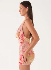Halter Open Back Tie Dye Print Double Layer Mini Dress