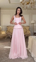 French Pink Square Neck Peplum Waist Pleated Flare Maxi Dress | Luxury Elegant Waist-Cinching Slimming Evening Gown