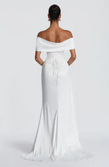 Off-Shoulder Satin Corset Waist Slit Wedding Dress
