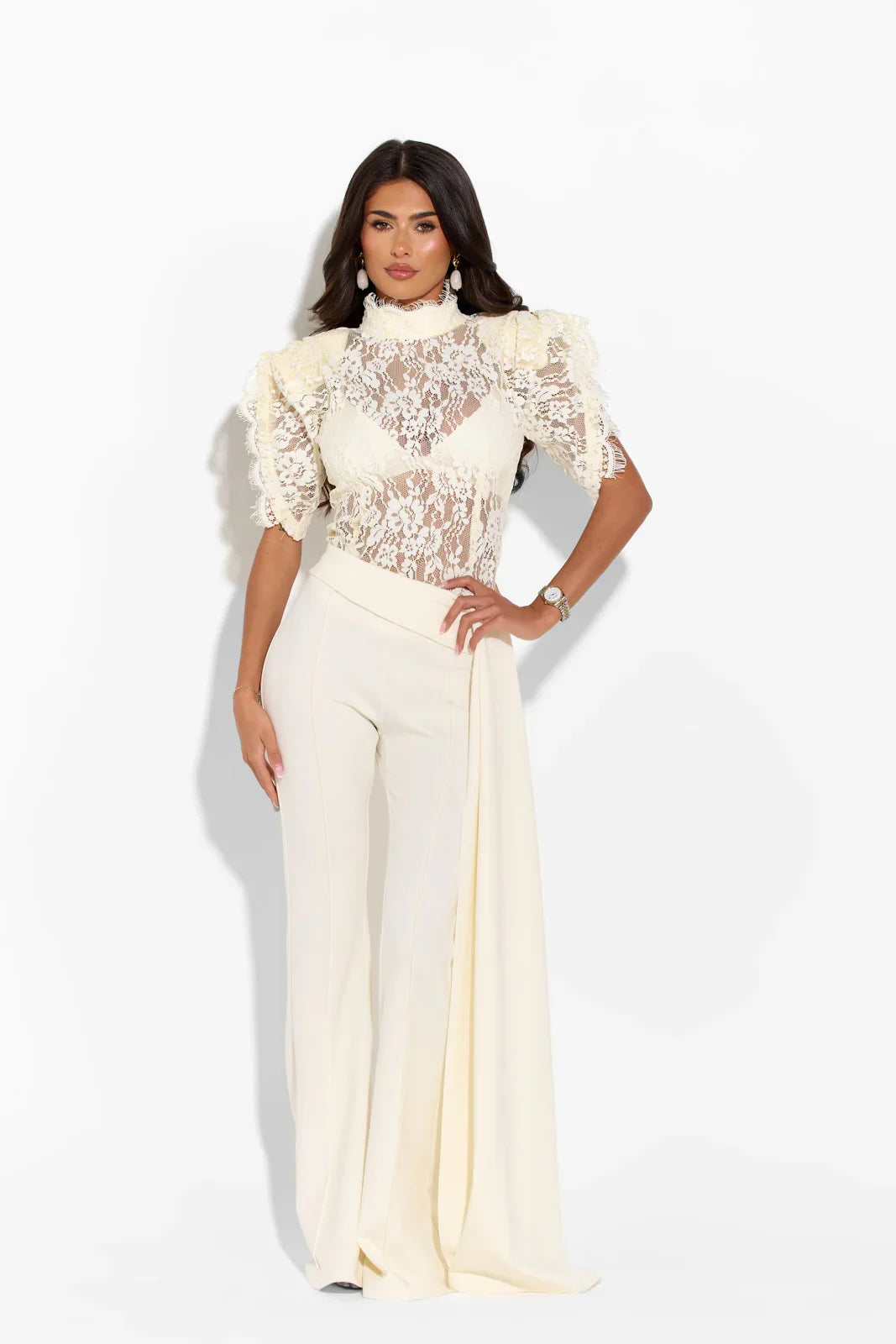 Lace High Neck Puff Sleeve Top & Draped Flared Pants Set