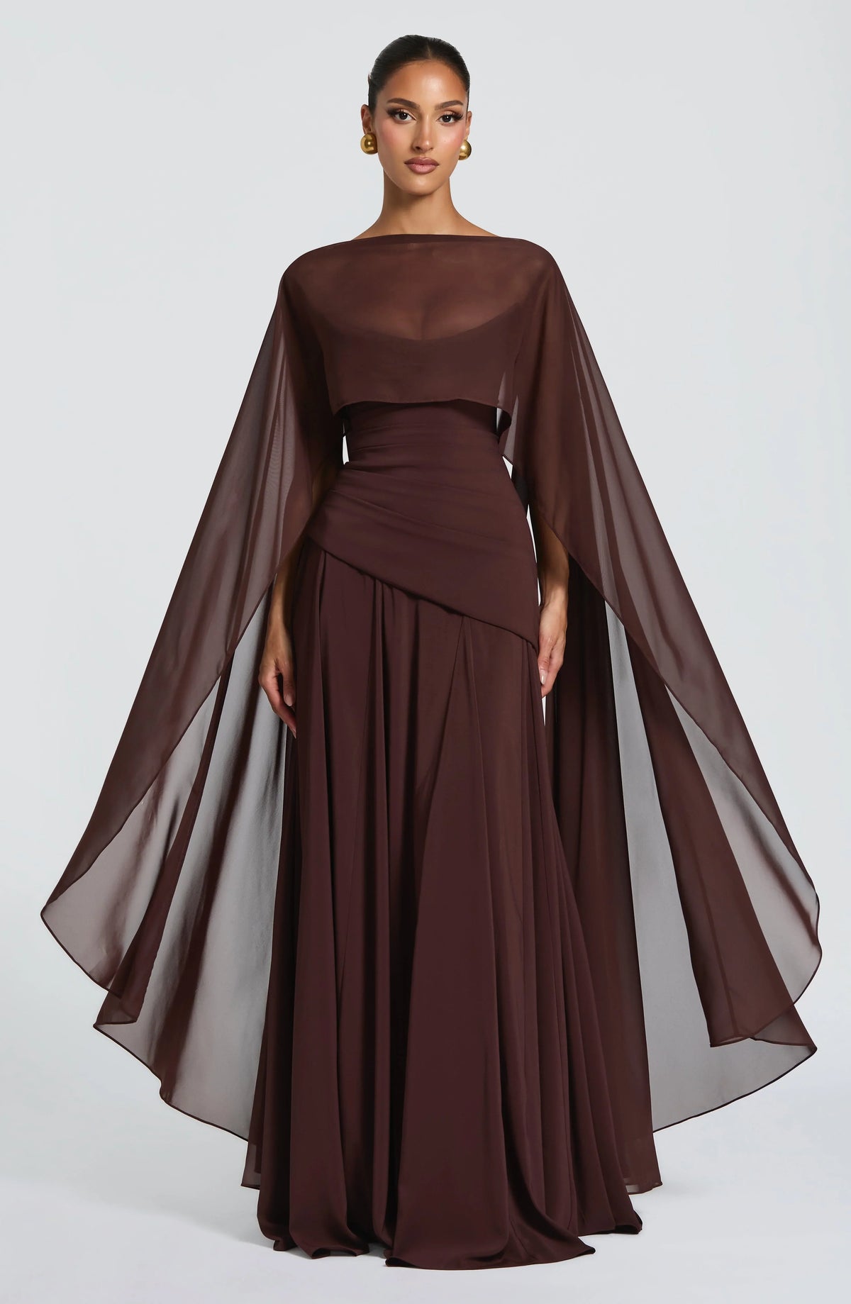 High-End Dark Coffee Cape-Style Backless Lace-Up Waist-Cinched Flowy Gown