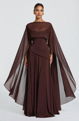 High-End Dark Coffee Cape-Style Backless Lace-Up Waist-Cinched Flowy Gown