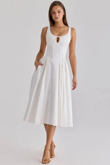 White Bow-Front Cinched-Waist Flared Midi Dress