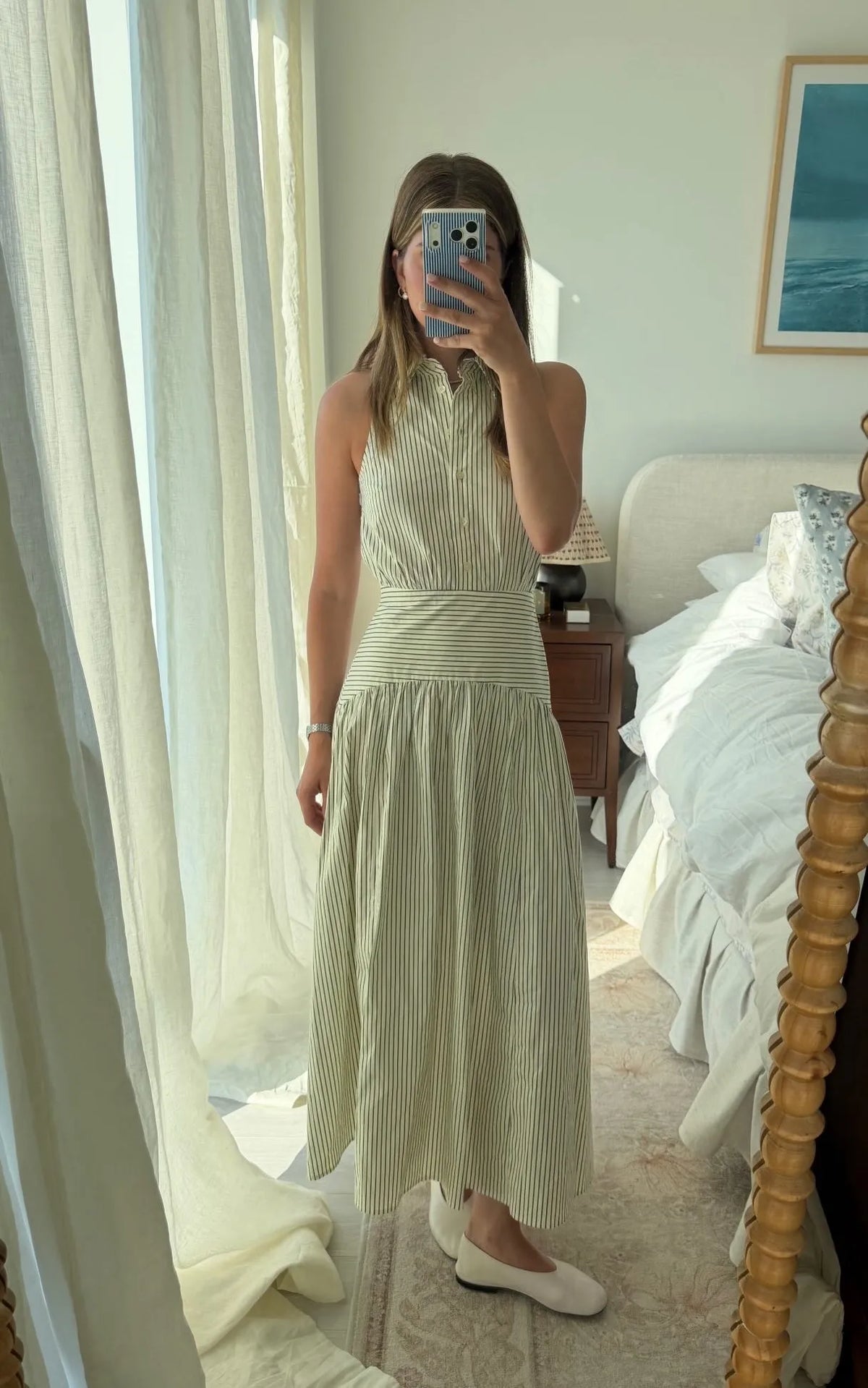 Light Green Striped Stand Collar Sleeveless Fitted Waist Flared Midi Dress