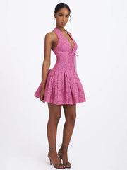 Halter Deep V Lace Fit-and-Flare Mini Dress
