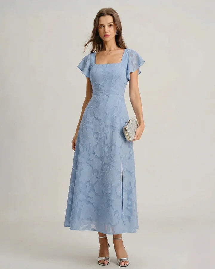 Dusty Blue Square Neck Flutter Sleeve Burnout Floral Back Tie Slit Midi Dress