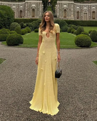 Cream Yellow 3D Flower U-Neck Cutout Knit Backless Maxi Dress