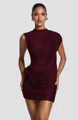 Two-Tone Asymmetric Draped Knot Backless Bodycon Mini Dress
