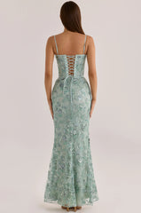 Mint Green Sequin Floral Embroidery Corset Lace-Up Back Mermaid Maxi Evening Dress