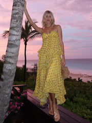 Yellow Polka Dot Halter Strapless Ruffle Tiered Vacation Maxi Dress