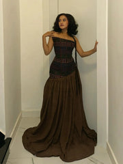 Ethnic Dot Strapless Fitted Waist Chocolate Flowy Train Maxi Dress