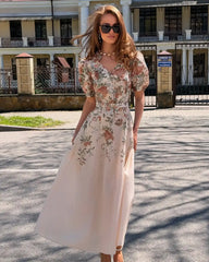 Vintage Floral Puff Sleeve Waist-Tied Midi Dress