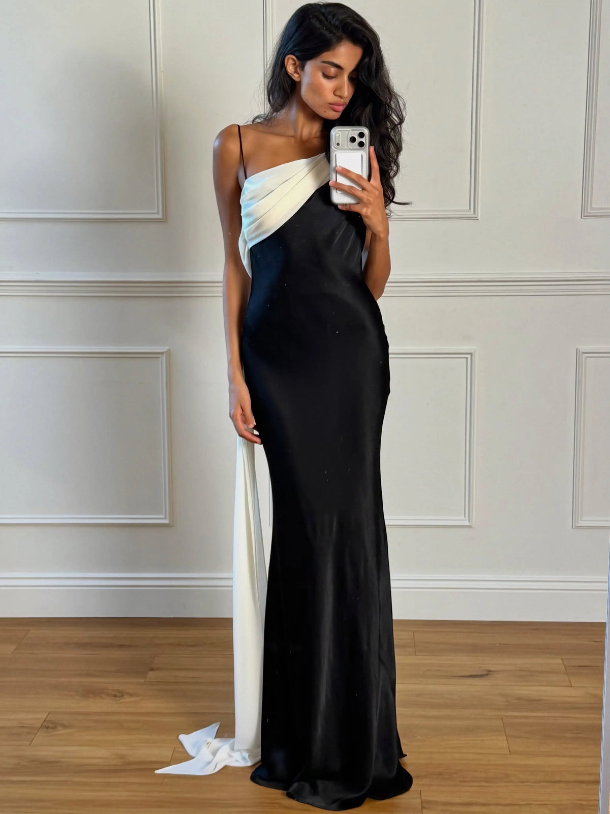 Black & White Contrast One-Shoulder Draped Open-Back Satin Mermaid Gown