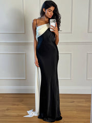 Black & White Contrast One-Shoulder Draped Open-Back Satin Mermaid Gown