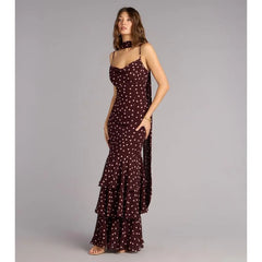 Burgundy Polka Dot Spaghetti Strap Mermaid Maxi Dress | Vintage Draped Ruffle Evening Gown