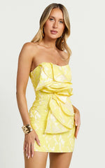 Amalie The Label - Frederika Strapless Ruffle Detail Jacquard Mini Dress in Yellow