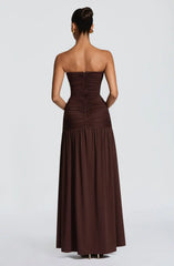 Deep V-Neck Ruched Paneled High Slit Strapless Maxi Dress