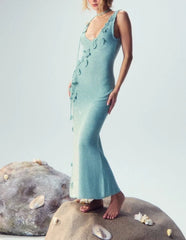 Women Sleeveless U Neck 3D Crochet Floral Sparkle Knit Midi Mermaid Dress With Lace Up Open Back