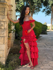 Women Off Shoulder Ruffle Ruched High Slit Tiered Ruffle Polka Dot Chiffon Maxi Dress