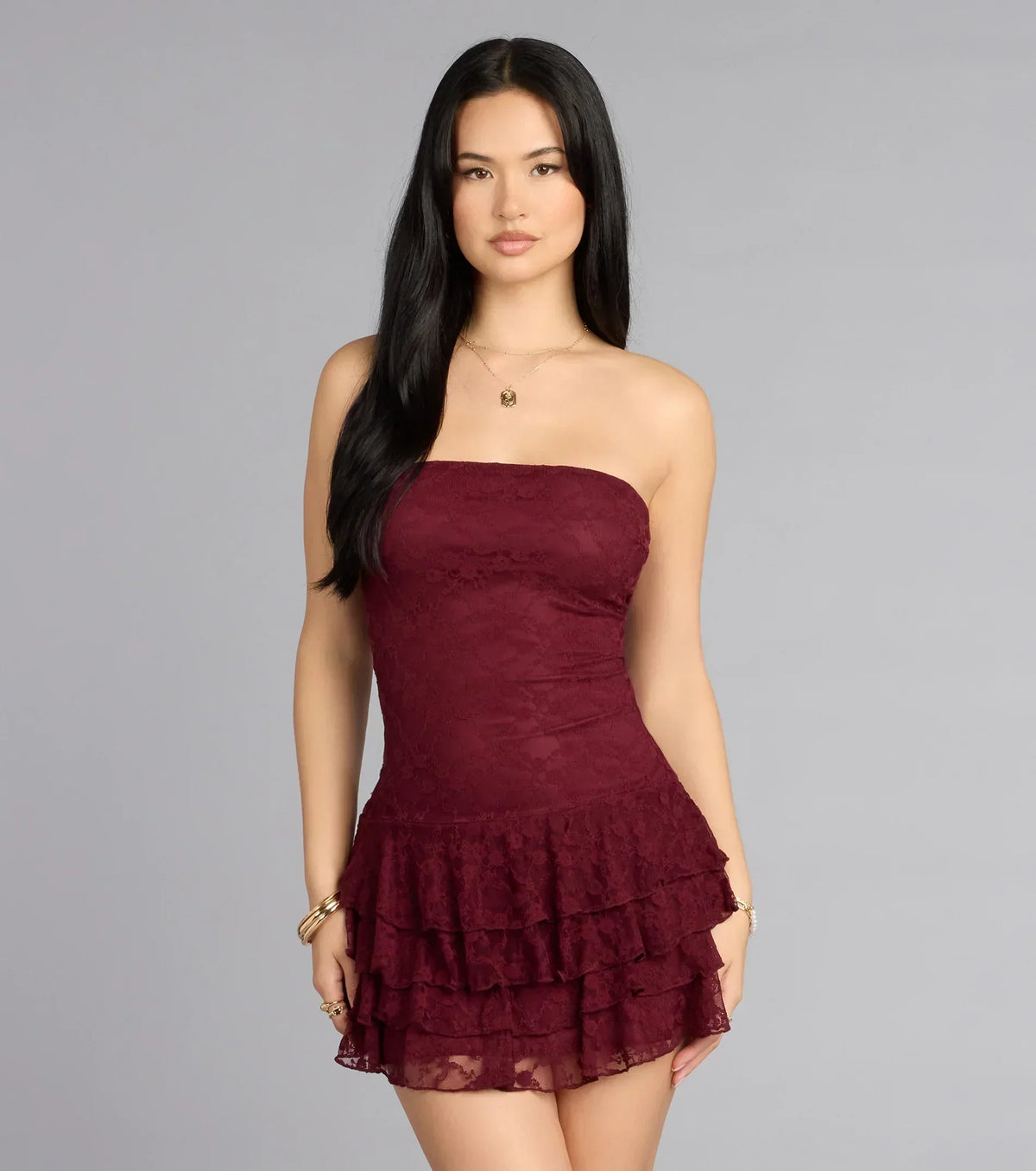 Flirt First Strapless Lace Tiered Mini Dress
