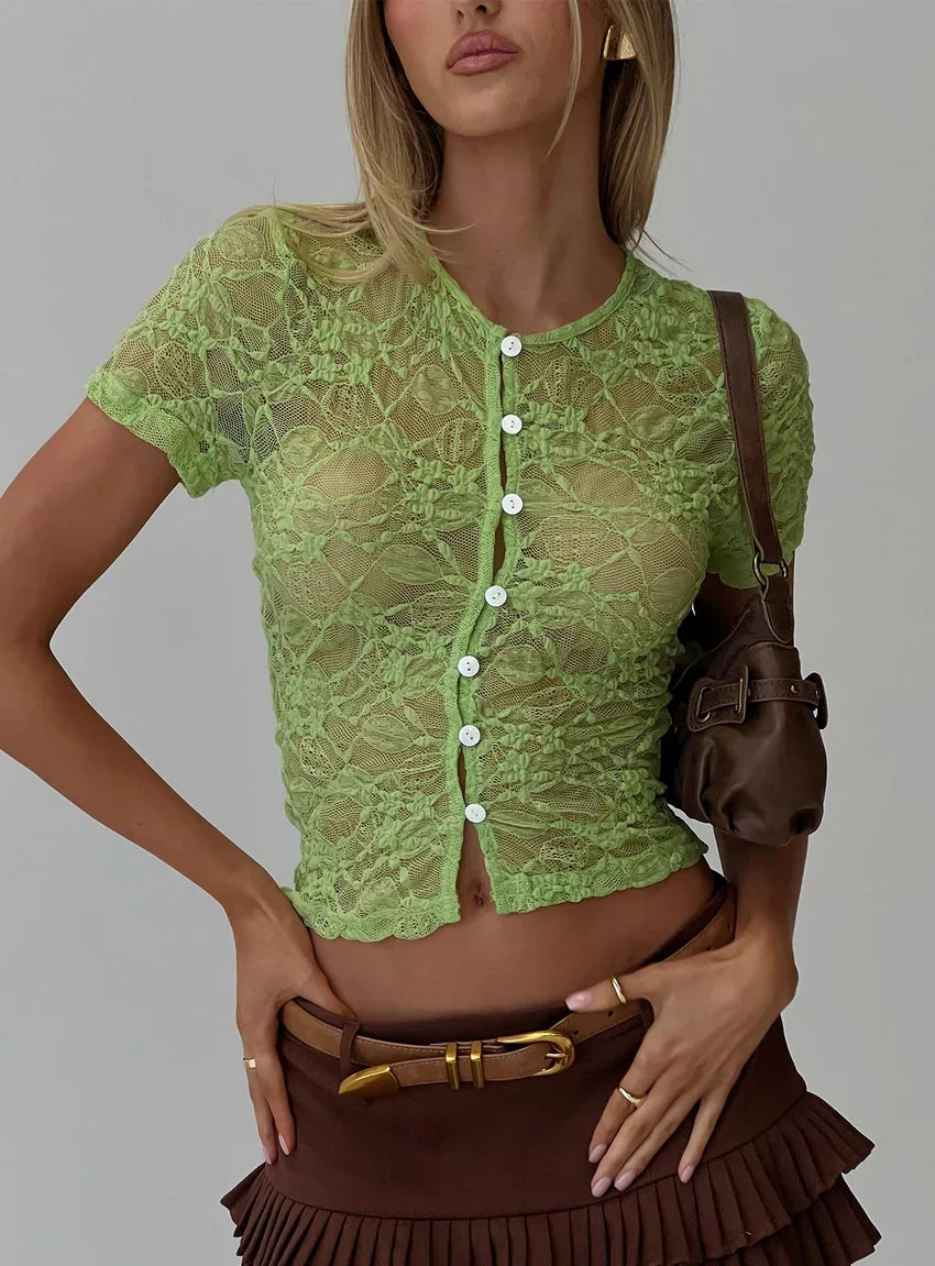 Lindy Button Up Sheer Top Green